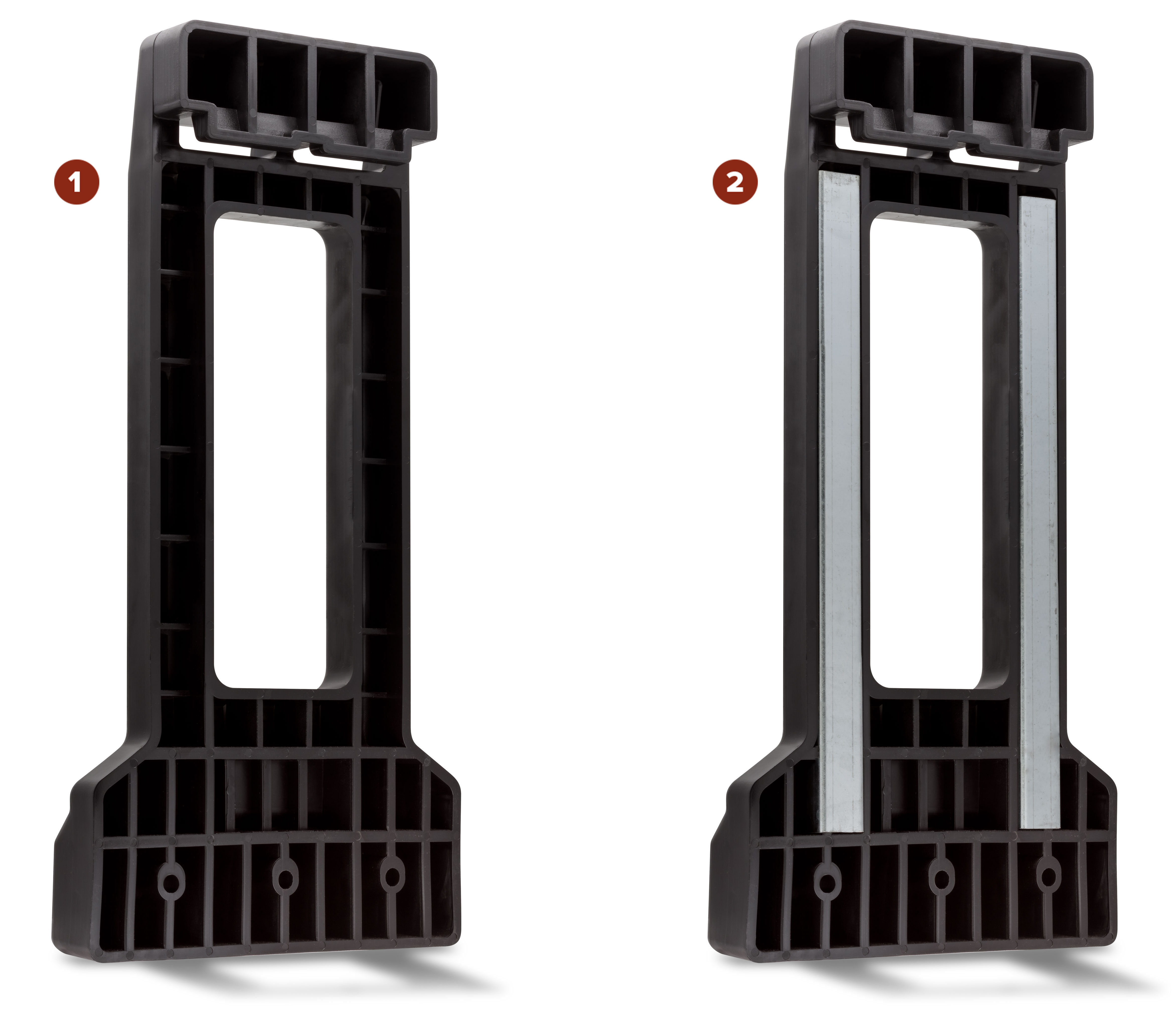 Side by side comparison of Pallet Dawg and Bull Dawg forklift carriage bumpers
